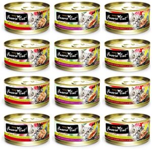 fussie cat premium grain free canned cat food 3 flavor variety bundle: (4) tuna with chicken, (4) tuna with salmon and (4) tuna with ocean fish, 2.82 oz each (12 cans total)