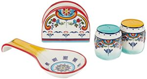 euro ceramica zanzibar collection vibrant ceramic tableware necessities, 4 piece completer set, spanish floral design, multicolor