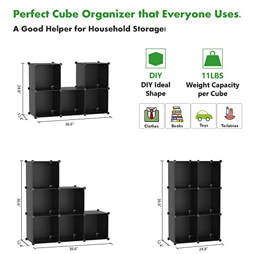 C&AHOME Cube Storage Organizer, 6-Cube Shelves Units, Closet Cabinet, DIY Plastic Modular Book Shelf, Ideal for Bedroom, Living Room, Office, 36.6" L x 12.4" W x 36.6" H Black SHS3506A