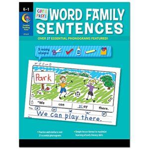 creative teaching press cut & paste word family sentences pre-k - 1st grade activity workbook (over 37 essential phonograms featured!) (2217)