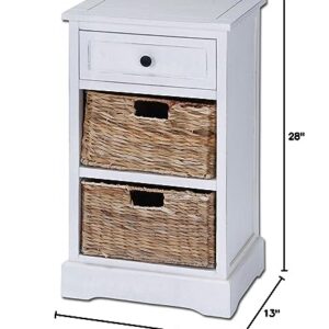 Urban Designs, White Malibu 3-Drawer Night Stand with Wicker Baskets