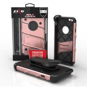 Zizo Dual Layer Military Grade Kickstand Bolt Holster Cover with 9H Tempered Glass Screen Protector for iPhone 6/ 6s - Rose Gold/ Black