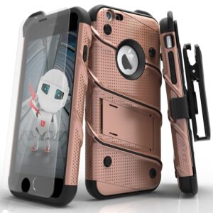 Zizo Dual Layer Military Grade Kickstand Bolt Holster Cover with 9H Tempered Glass Screen Protector for iPhone 6/ 6s - Rose Gold/ Black