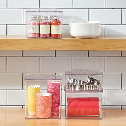 mDesign Plastic Kitchen Pantry and Fridge Storage Organizer Box Containers w/Hinged Lid for Shelves or Cabinets, Holds Food, Snacks, Seasoning, Condiments, Utensils, Lumiere Collection, Clear
