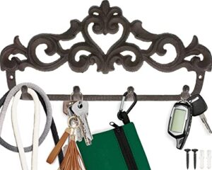 comfify decorative cast iron wall hook rack - vintage design hanger with 4 hooks - for coats, hats, keys, towels, clothes, aprons etc |wall mounted - 12.25 x 5.75- with screws and anchors