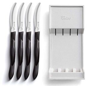 cutco table knives set of four with tray, four of cutcos knife in a dishwasher-safe tray, 8.4 inch long, 3.4 inch double-d serrated edge blades with 5 inch classic brown handles
