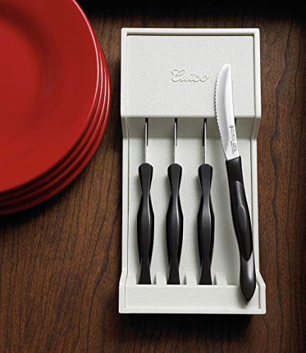 Cutco Table Knives Set of Four with Tray, Four of Cutcos Knife in a Dishwasher-safe Tray, 8.4 Inch Long, 3.4 Inch Double-D Serrated Edge Blades with 5 Inch Classic Brown Handles