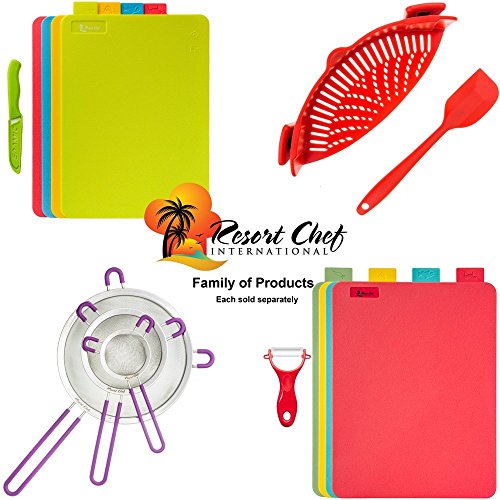 Resort Chef Kitchen Cutting Board Set of 4 Reversible Plastic Cutting Boards for Kitchen Dishwasher Safe, with Food Icons BPA Free & Eco Friendly, Non Porous, Includes Ceramic Knife & Non-Slip Mat