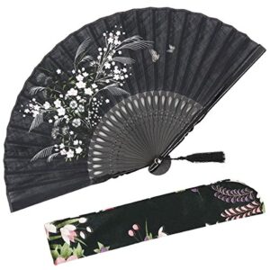 omytea folding hand fan for women - foldable japanese chinese oriental vintage retro bamboo silk fan - for church, decoration, hot flash, dance, performance, party, gift (black grassflowers)