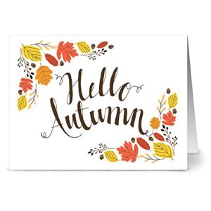 note card cafe all occasion greeting card set with gray envelopes | 24 pack | blank inside, glossy finish | unique hello autumn design | bulk set for greeting cards, occasions, birthdays