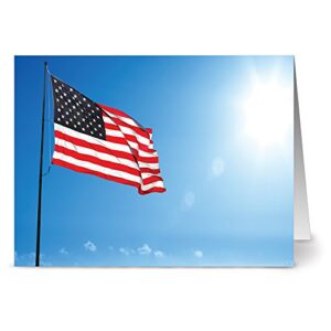 note card cafe patriotic greeting card set with envelopes | 36 pack | blank inside, glossy finish | flag waving in the sky | bulk set for greeting cards, occasions, birthdays