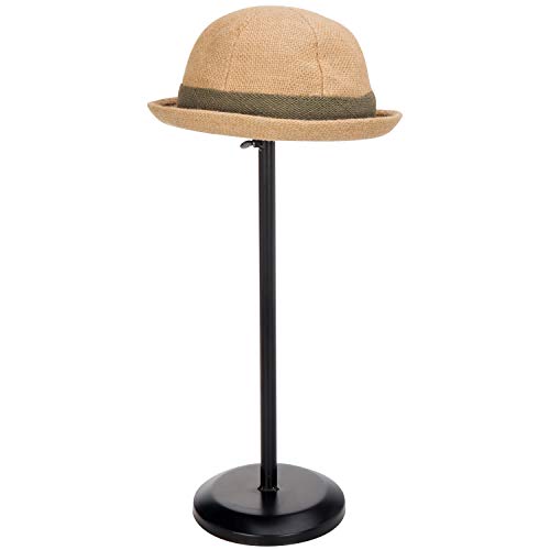 MyGift Black Metal Adjustable Height Pedestal Hat Stand and Wig Display Rack Holder with Dome Design for Baseball Caps, Fedora, Wigs