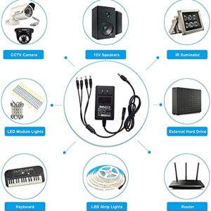 EWETON Security Camera Power Adapter 12V 2.5A 100V-240V AC to DC 2.1x5.5mm w/ 4-Way Power Splitter Cable LED Power Adapter Transformers-Fits Analog/AHD DVR/Camera, RGB LED, Strip Lights