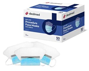dealmed face masks with ear loops and eye shield - 50 count (pack of 1) disposable face masks perfect for hospitals, medical facilities, food services and more
