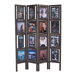 Proman Products Oscar II Scenic 4 Panel Folding Screen Room Divider FS16773 with 16 Picture Frames Display 32 Pictures, Paulownia Wood, Smoked Brown Finish, 54" W x 1" D x 67" H (Max Extends)