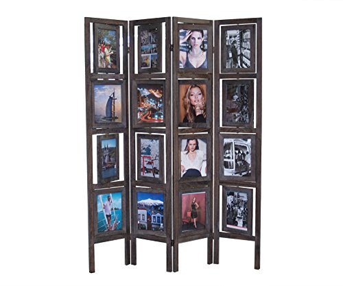 Proman Products Oscar II Scenic 4 Panel Folding Screen Room Divider FS16773 with 16 Picture Frames Display 32 Pictures, Paulownia Wood, Smoked Brown Finish, 54" W x 1" D x 67" H (Max Extends)