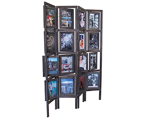 Proman Products Oscar II Scenic 4 Panel Folding Screen Room Divider FS16773 with 16 Picture Frames Display 32 Pictures, Paulownia Wood, Smoked Brown Finish, 54" W x 1" D x 67" H (Max Extends)