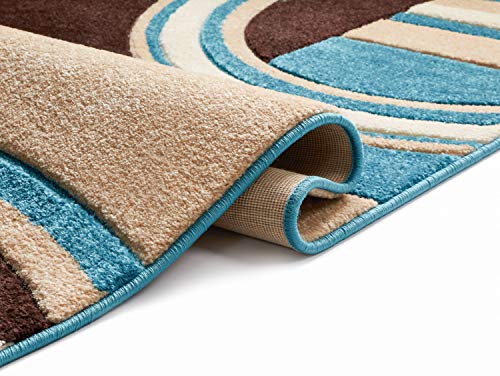 Echo Shapes & Circles Blue & Brown Modern Geometric Comfy Casual Hand Carved Area Rug 5'3" x 7'3" Abstract Contemporary Soft Living Room Rug