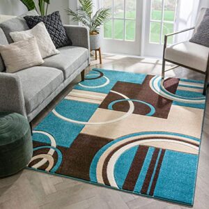 echo shapes & circles blue & brown modern geometric comfy casual hand carved area rug 5'3" x 7'3" abstract contemporary soft living room rug
