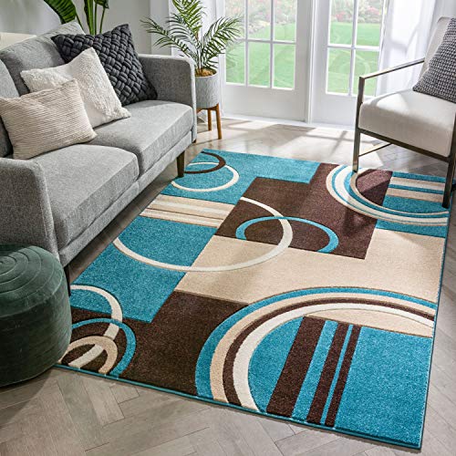 Echo Shapes & Circles Blue & Brown Modern Geometric Comfy Casual Hand Carved Area Rug 5'3" x 7'3" Abstract Contemporary Soft Living Room Rug