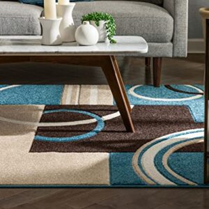 Echo Shapes & Circles Blue & Brown Modern Geometric Comfy Casual Hand Carved Area Rug 5'3" x 7'3" Abstract Contemporary Soft Living Room Rug