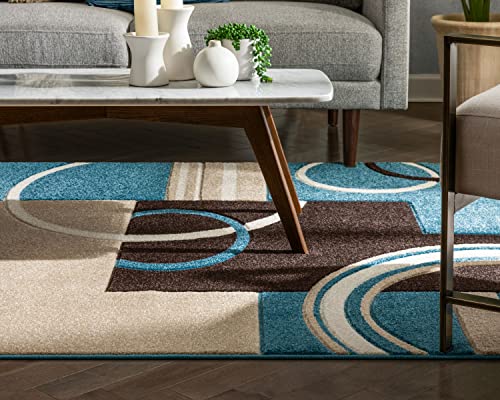 Echo Shapes & Circles Blue & Brown Modern Geometric Comfy Casual Hand Carved Area Rug 5'3" x 7'3" Abstract Contemporary Soft Living Room Rug