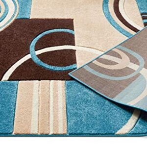 Echo Shapes & Circles Blue & Brown Modern Geometric Comfy Casual Hand Carved Area Rug 5'3" x 7'3" Abstract Contemporary Soft Living Room Rug