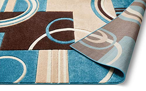 Echo Shapes & Circles Blue & Brown Modern Geometric Comfy Casual Hand Carved Area Rug 5'3" x 7'3" Abstract Contemporary Soft Living Room Rug