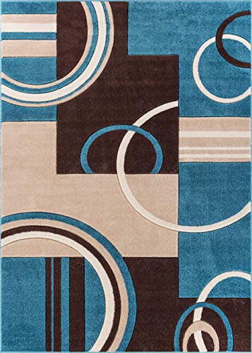 Echo Shapes & Circles Blue & Brown Modern Geometric Comfy Casual Hand Carved Area Rug 5'3" x 7'3" Abstract Contemporary Soft Living Room Rug