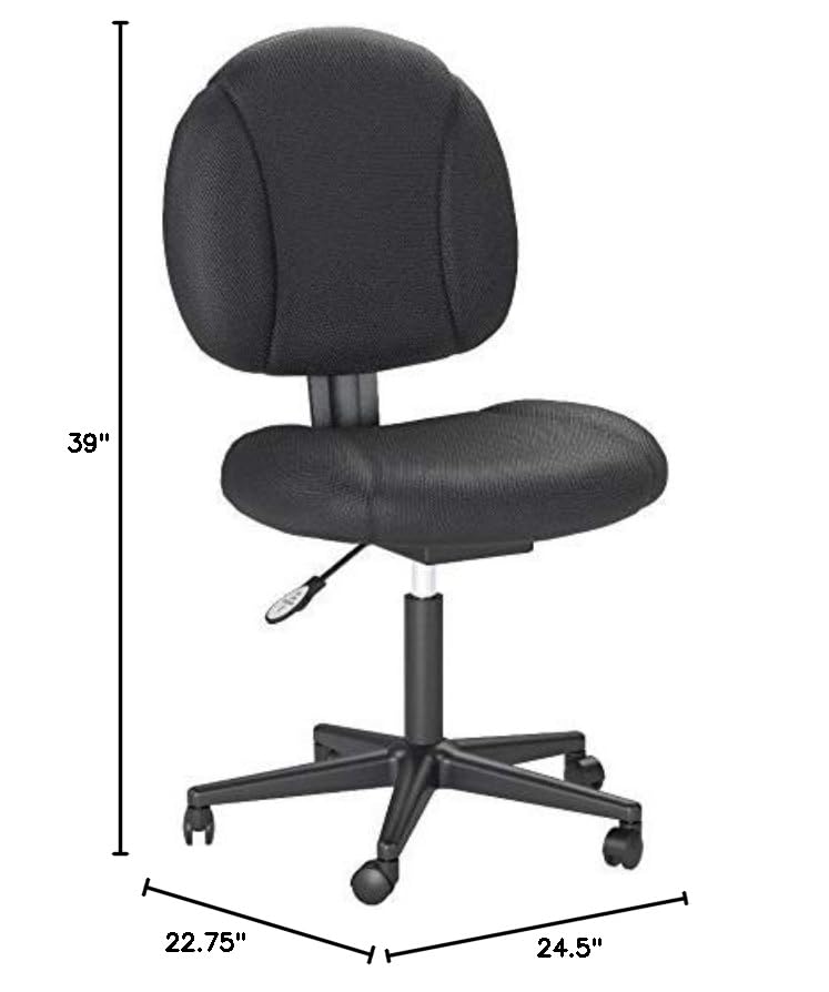 OFM ESS Collection Upholstered Armless Swivel Task Chair, 22.75in. D x 24.50in. W x 34in. - 39in. H, Black