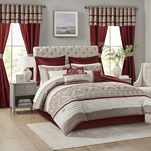 Madison Park Essentials Jelena Room in A Bag Faux Silk Comforter Classic Luxe All Season Down Alternative Bedding, Matching Bedskirt, Curtains, Decorative Pillows, Queen(90"x90"), Red 24 Piece