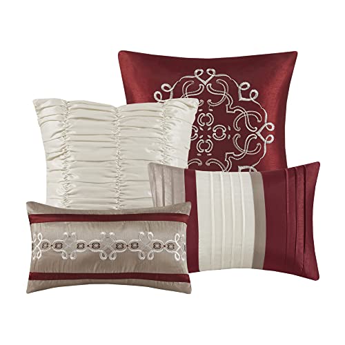 Madison Park Essentials Jelena Room in A Bag Faux Silk Comforter Classic Luxe All Season Down Alternative Bedding, Matching Bedskirt, Curtains, Decorative Pillows, Queen(90"x90"), Red 24 Piece
