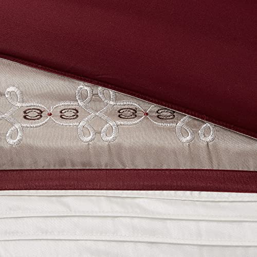 Madison Park Essentials Jelena Room in A Bag Faux Silk Comforter Classic Luxe All Season Down Alternative Bedding, Matching Bedskirt, Curtains, Decorative Pillows, Queen(90"x90"), Red 24 Piece