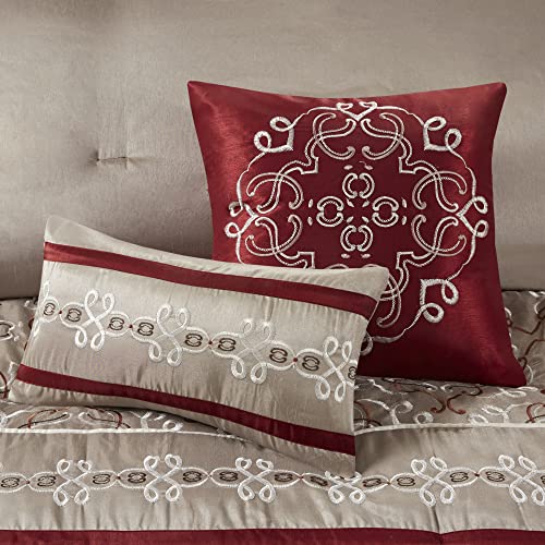 Madison Park Essentials Jelena Room in A Bag Faux Silk Comforter Classic Luxe All Season Down Alternative Bedding, Matching Bedskirt, Curtains, Decorative Pillows, Queen(90"x90"), Red 24 Piece