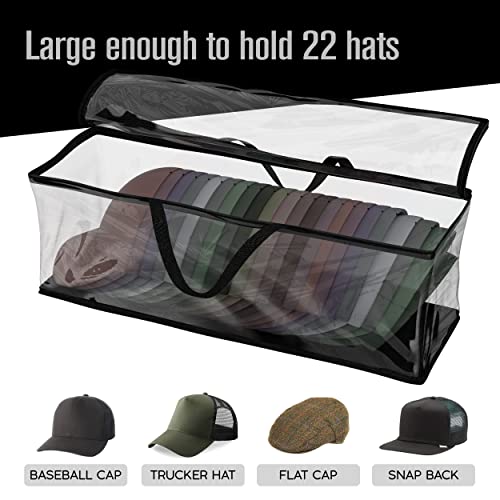 Houseables Baseball Cap Storage Bag, Hat Organizer Case, 23" x 6" x 8", Clear Plastic, Caps Holder, Moisture & Dust Proof, Black Handles, Box w/Zipper Closure, Stores & Racks 22 Hats, Dirt Protection