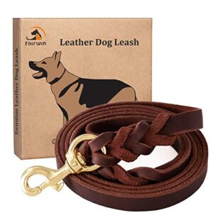 fairwin braided leather dog training leash 6 foot - 5.6 foot military grade heavy duty dog leash for large medium small dogs (m:5/8" x5.6ft, brown) 004