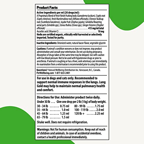 Pet Wellbeing Lung Gold for Dogs - Vet-Formulated - Lung & Respiratory Immune Support, Open Airways, Easy Breathing - Natural Herbal Supplement 2 oz (59 ml)