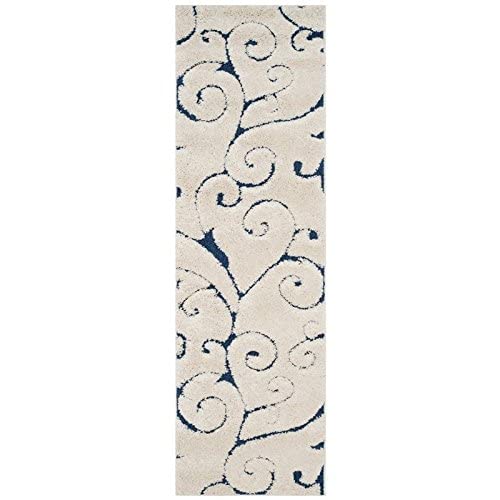 SAFAVIEH Florida Shag Collection Runner Rug - 2'3" x 7', Cream & Blue, Scroll Design, Non-Shedding & Easy Care, 1.2-inch Thick Ideal for High Traffic Areas in Living Room, Bedroom (SG455-1165)