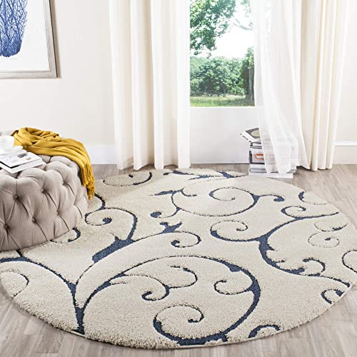 SAFAVIEH Florida Shag Collection Area Rug - 6'7" Round, Creme & Creme, Scroll Design, Non-Shedding & Easy Care, 1.2-inch Thick Ideal for High Traffic Areas in Living Room, Bedroom (SG455-1111)