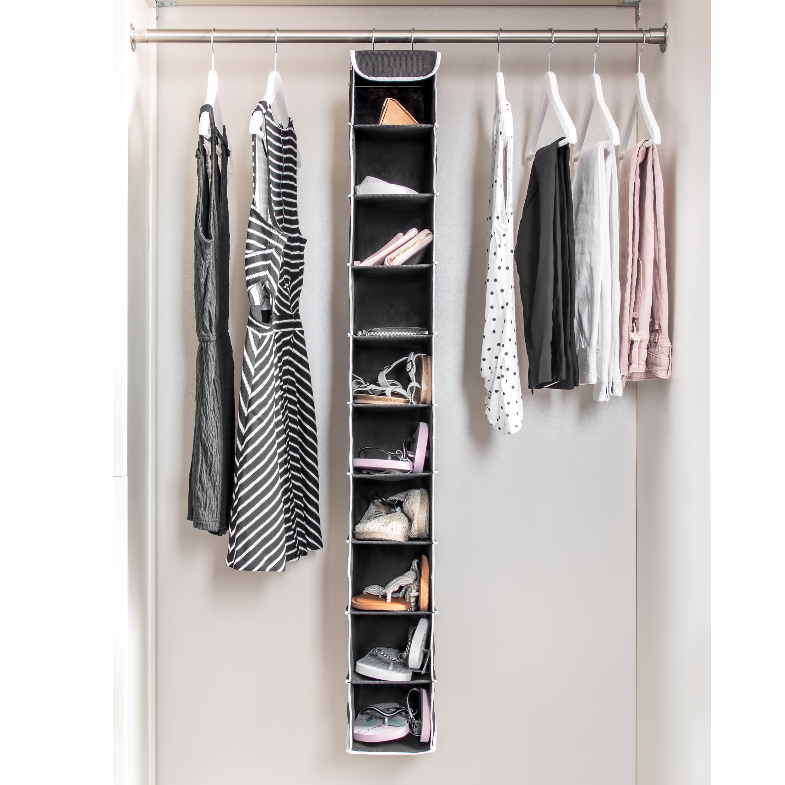 ZOBER Hanging Shoe Organizer for Closet - 10-Shelf Hanging Shoe Rack W/Side Mesh Pockets - 1 Pack Space Saving Shoe Holder (Black)