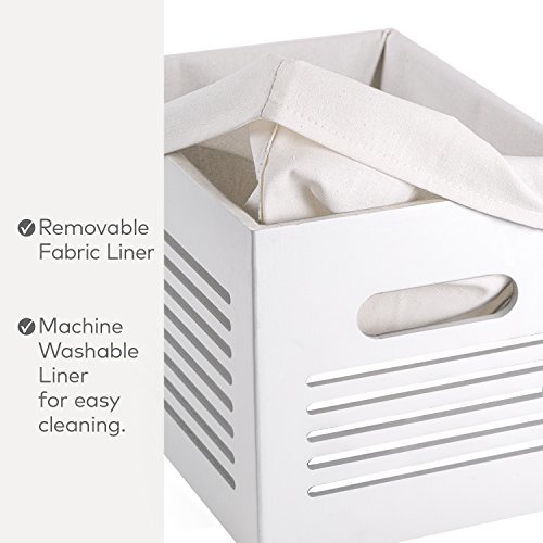 Wooden Storage Bin Container - Decorative Closet, Cabinet and Shelf Basket Organizer Lined with Machine Washable Soft Linen Fabric - White, Small