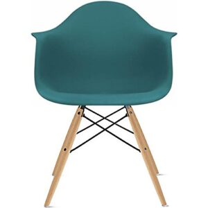 2xhome Modern Dining Side Chairs from Molded Plastic Armchair Shell with Natural Wooden Legs, Teal, Set of 2