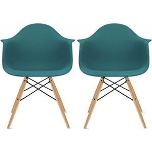 2xhome modern dining side chairs from molded plastic armchair shell with natural wooden legs, teal, set of 2