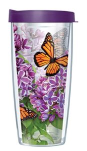 monarch butterflies double wall insulated tumbler with lid – thermal travel cup for hot and cold drinks with wrap-around design - microwave and dishwasher safe (16 oz)