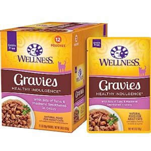 Wellness Healthy Indulgence Gravies Grain-Free Wet Cat Food, Made with Natural Ingredients and Quality Proteins, Complete and Balanced Meal, 3 oz Pouches (Tuna & Mackeral in Gravy, 24 Pack)