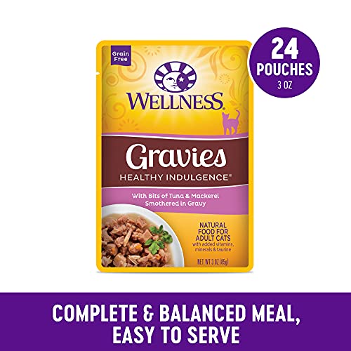 Wellness Healthy Indulgence Gravies Grain-Free Wet Cat Food, Made with Natural Ingredients and Quality Proteins, Complete and Balanced Meal, 3 oz Pouches (Tuna & Mackeral in Gravy, 24 Pack)