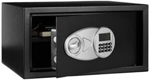amazon basics steel security safe with programmable electronic keypad - secure cash, jewelry, id documents - black, 1 cubic feet, 16.93"w x 14.57"d x 9.06"h
