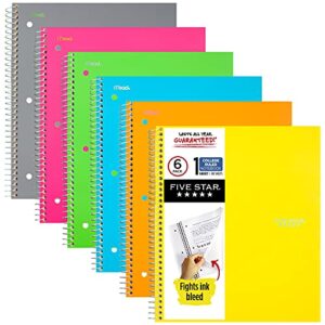 five star spiral notebooks, 1 subject, college ruled paper, 100 sheets, 11 x 8-1/2 inches, assorted colors, 6 pack (38057)