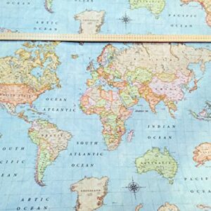 HomeBuy World Map 3 Designer Curtain Upholstery Cotton Fabric Material - 55'' Wide Sky Blue (Sold The Yard)