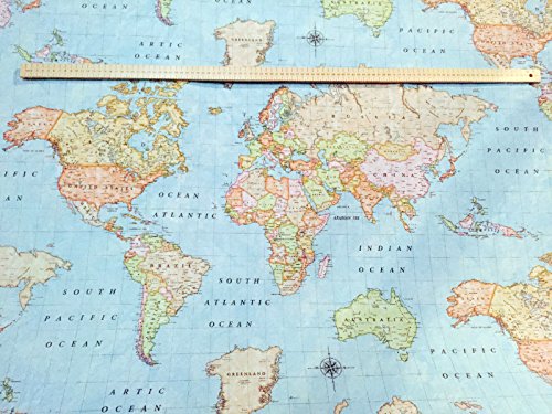 HomeBuy World Map 3 Designer Curtain Upholstery Cotton Fabric Material - 55'' Wide Sky Blue (Sold The Yard)